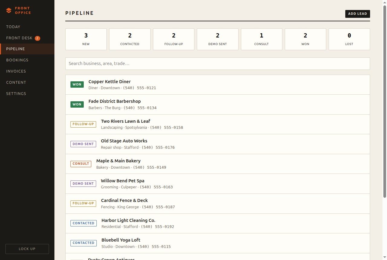 Front Office pipeline view — leads moving across stages from new to won